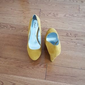 Mustard yellow suede platform wedge